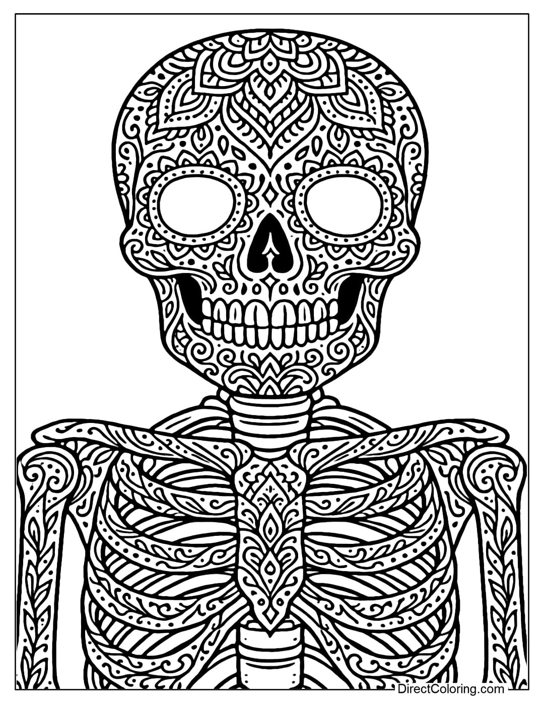 Coloring page of a skeleton with elaborate mandala patterns covering the skull and ribs, suitable for adults to relax.