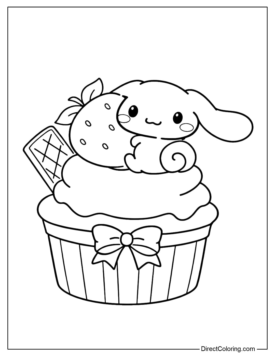 A coloring page of Cinnamoroll sitting on a giant cupcake, hugging a ripe strawberry, with a crispy sponge cake beside her.
