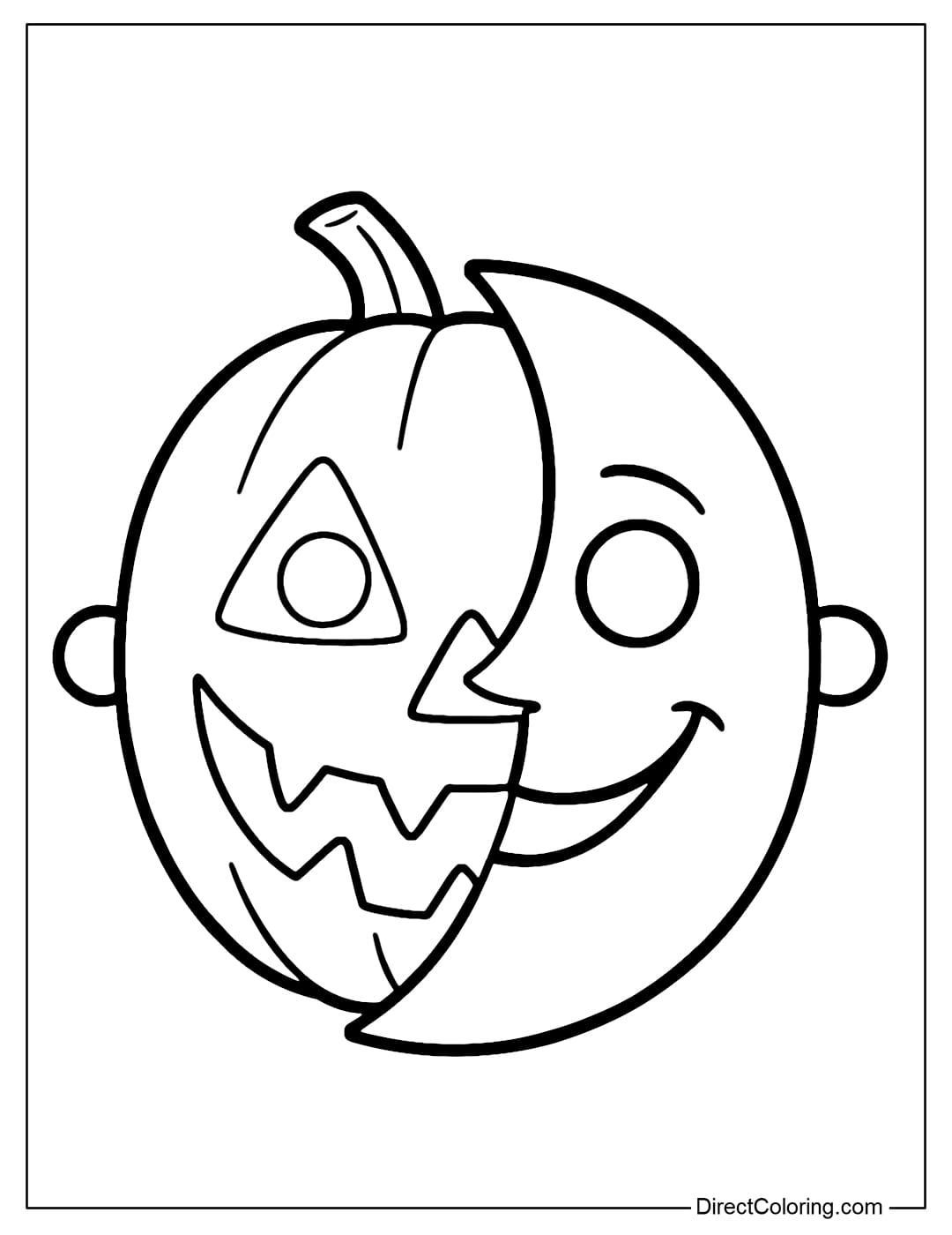 Halloween mask coloring page with the left half being a Jack-o-Lantern pumpkin with a sawtooth smile, the right half being a crescent moon.