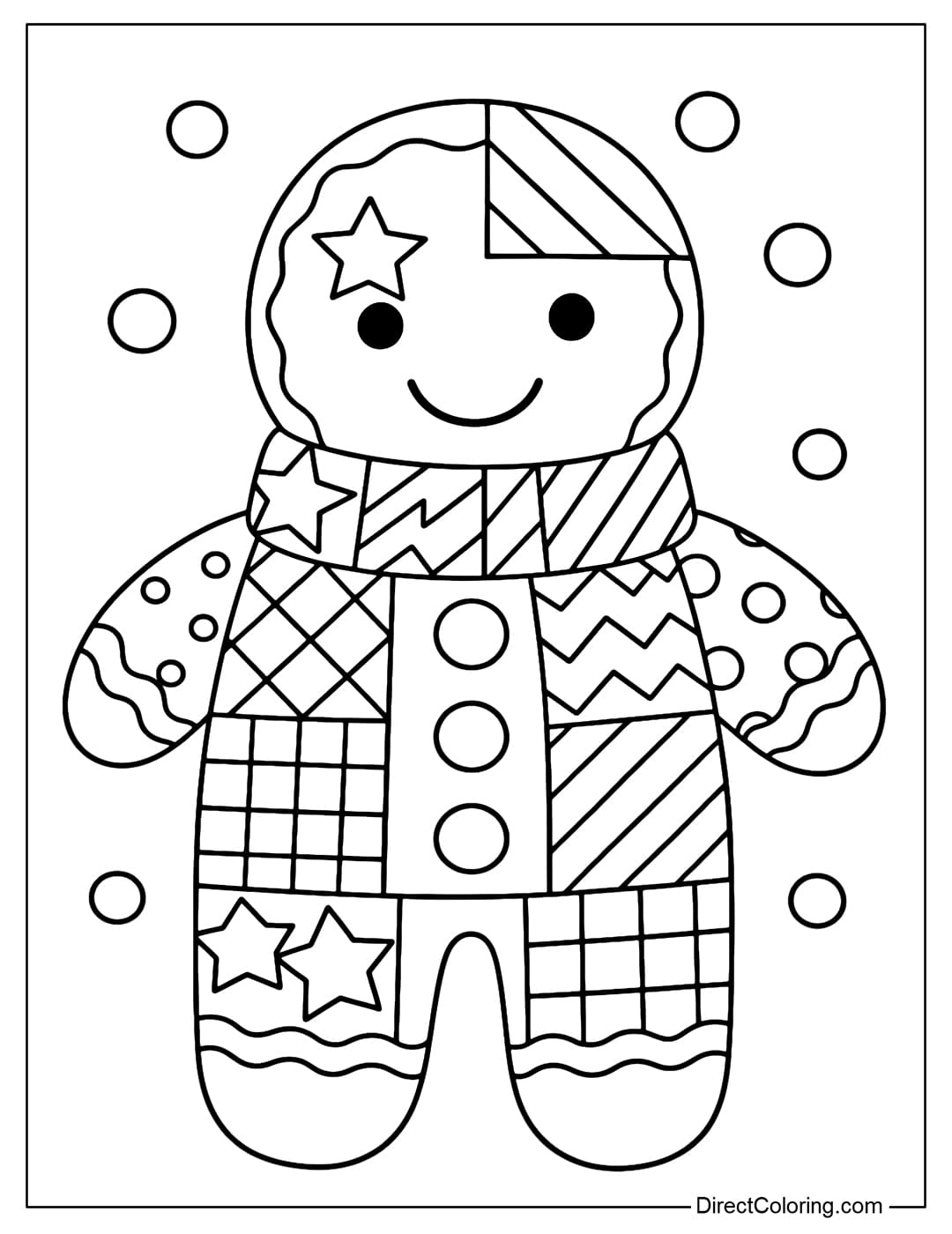 Patchwork coloring page Gingerbread man, the whole body is divided into large patchwork pieces.
