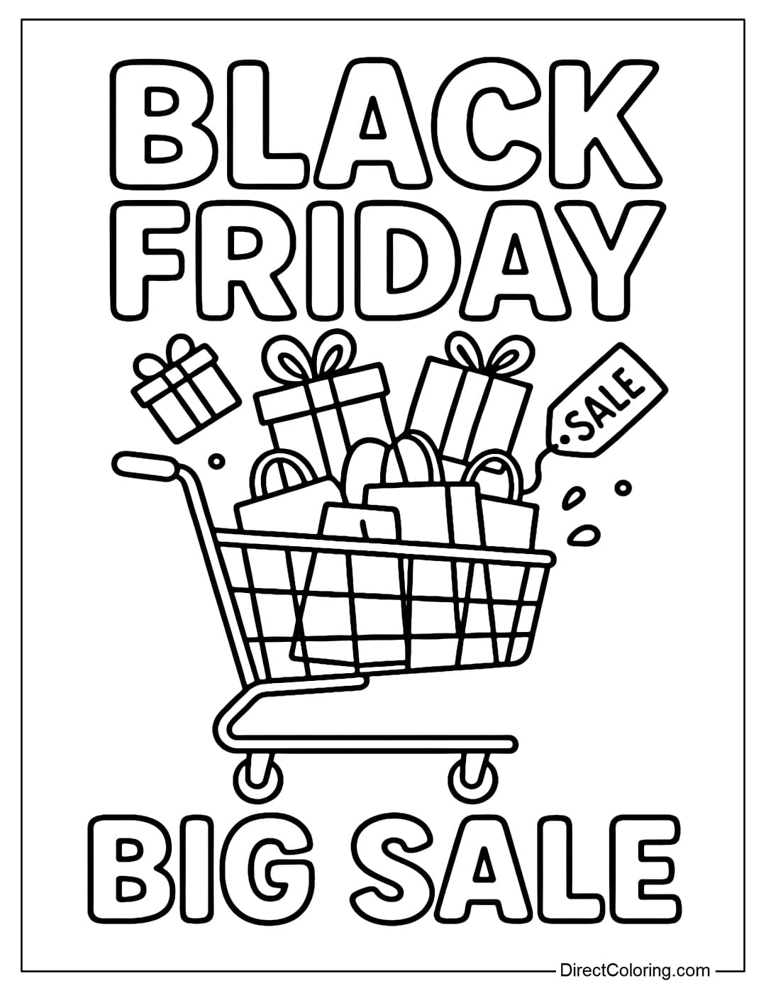 A coloring page with the word BLACK FRIDAY, in the middle is a shopping cart full of gift boxes, shopping bags, and discount tags.