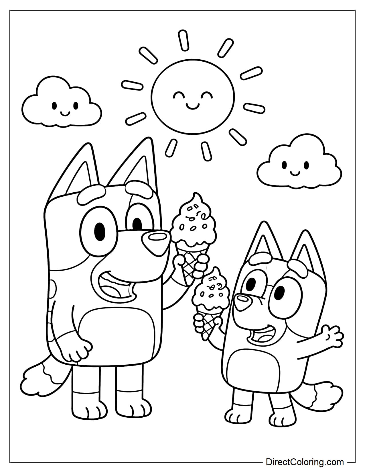 Bluey and Bingo are holding ice cream cones on a summer day, surrounded by a few sunbeams and small clouds.