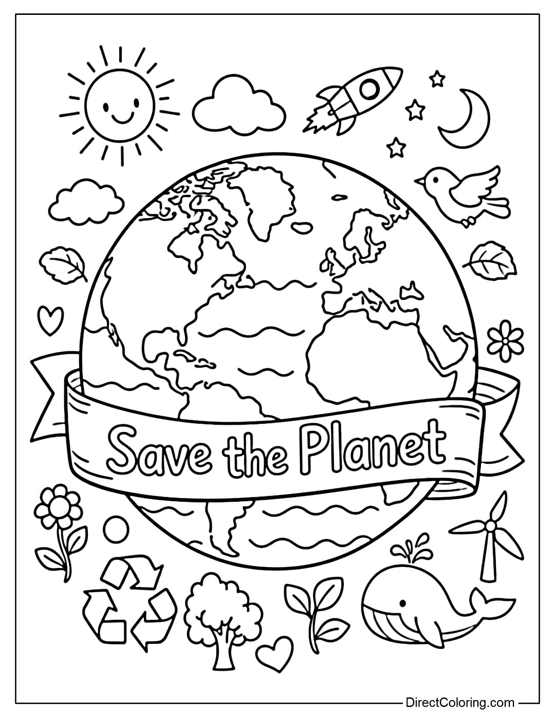 A coloring page featuring a large Earth in the center with a banner in the foreground that says 