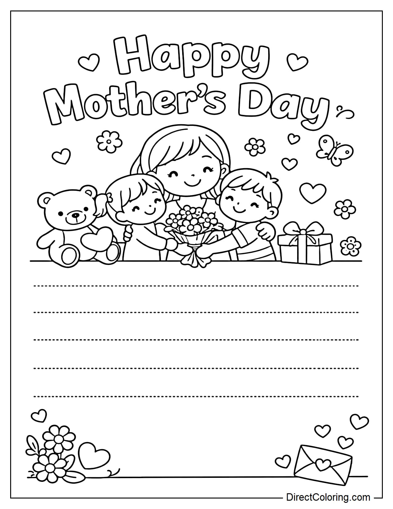 A card with a mother hugging her two children and the words 