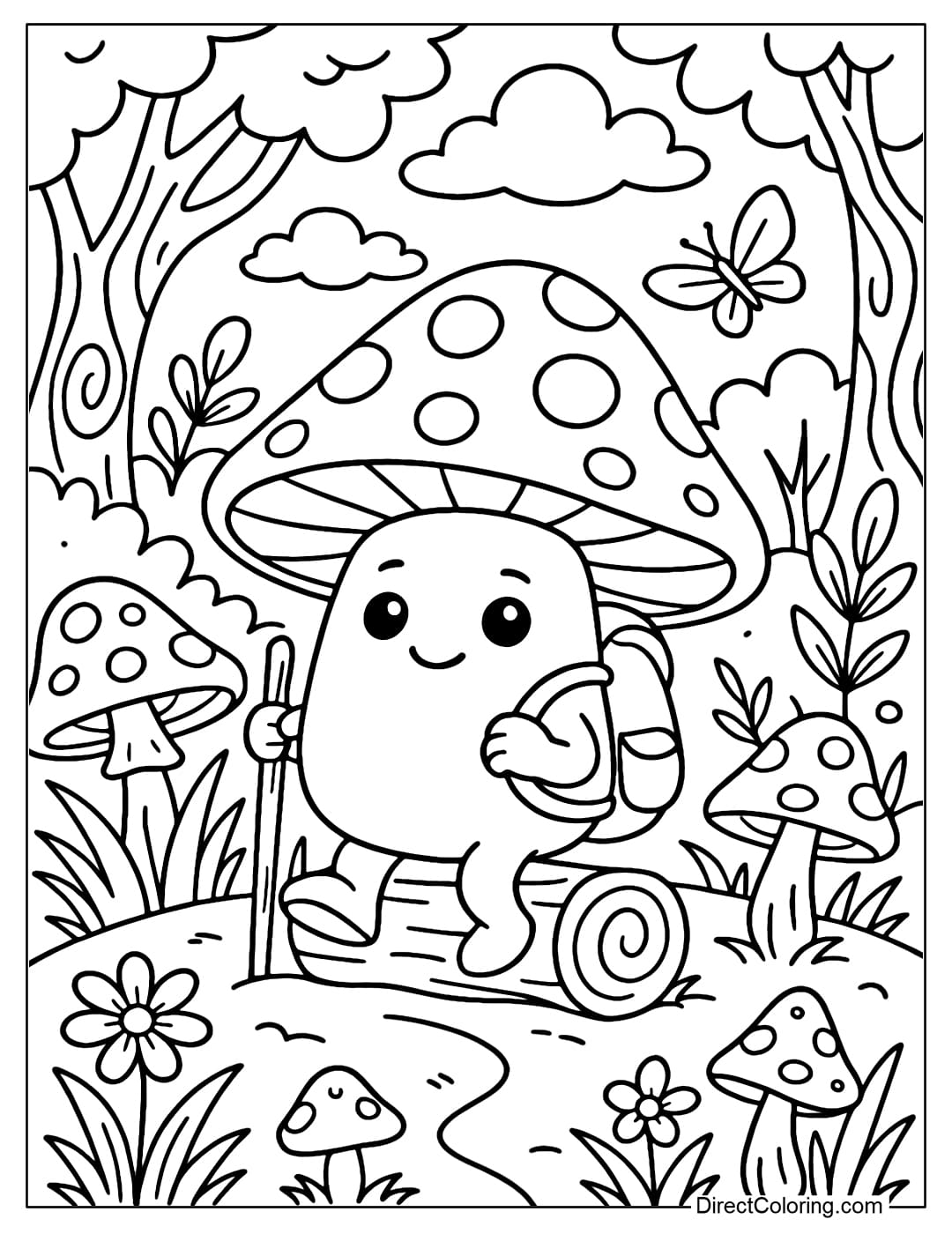 Mushroom Adventure Coloring Page A coloring page of a small mushroom character carrying a backpack and a stick traveling through a fairy forest.