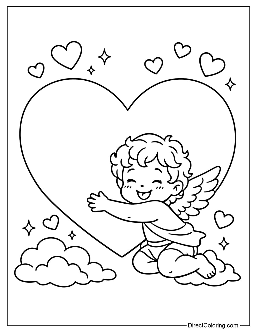 A Cupid with a happy expression is hugging a very large heart.