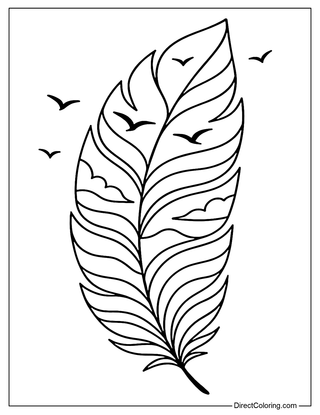 Feather coloring page is painted in sunset colors, with swallows flying away.