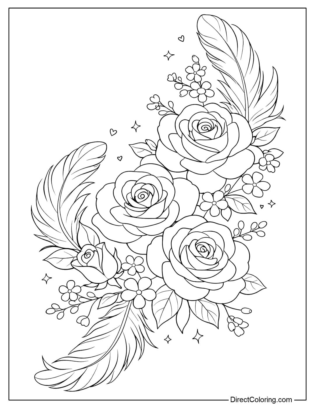 Coloring page for multiple roses with soft feathers and small flowers.