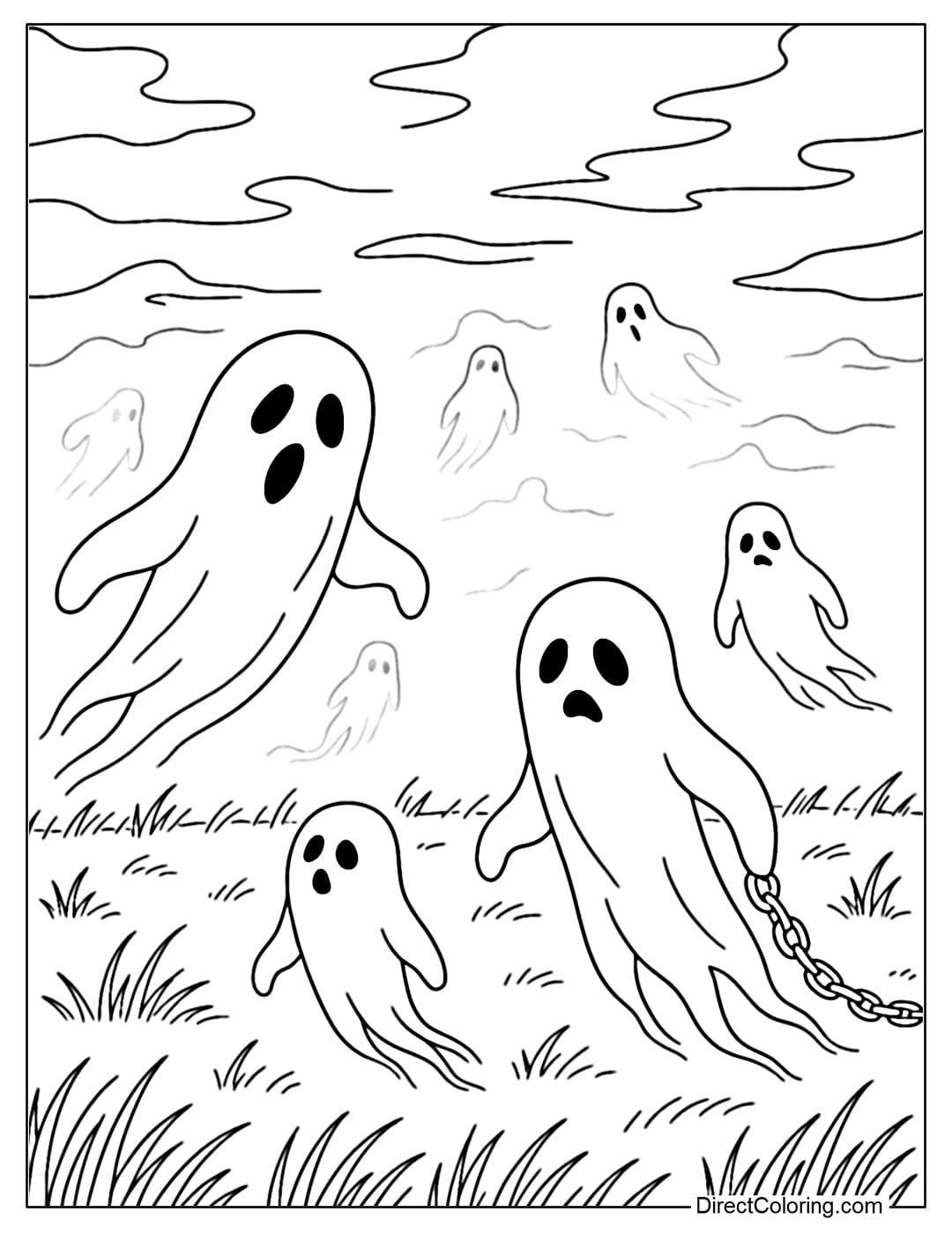 Wandering Spirits Coloring Page Coloring page of the wilderness with wandering ghosts, a few faint figures dragging chains in the cold wind.