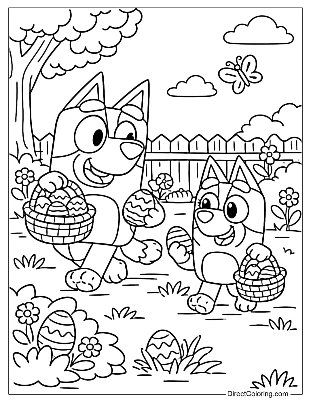 Bluey and Bingo are hunting for Easter eggs in the garden.