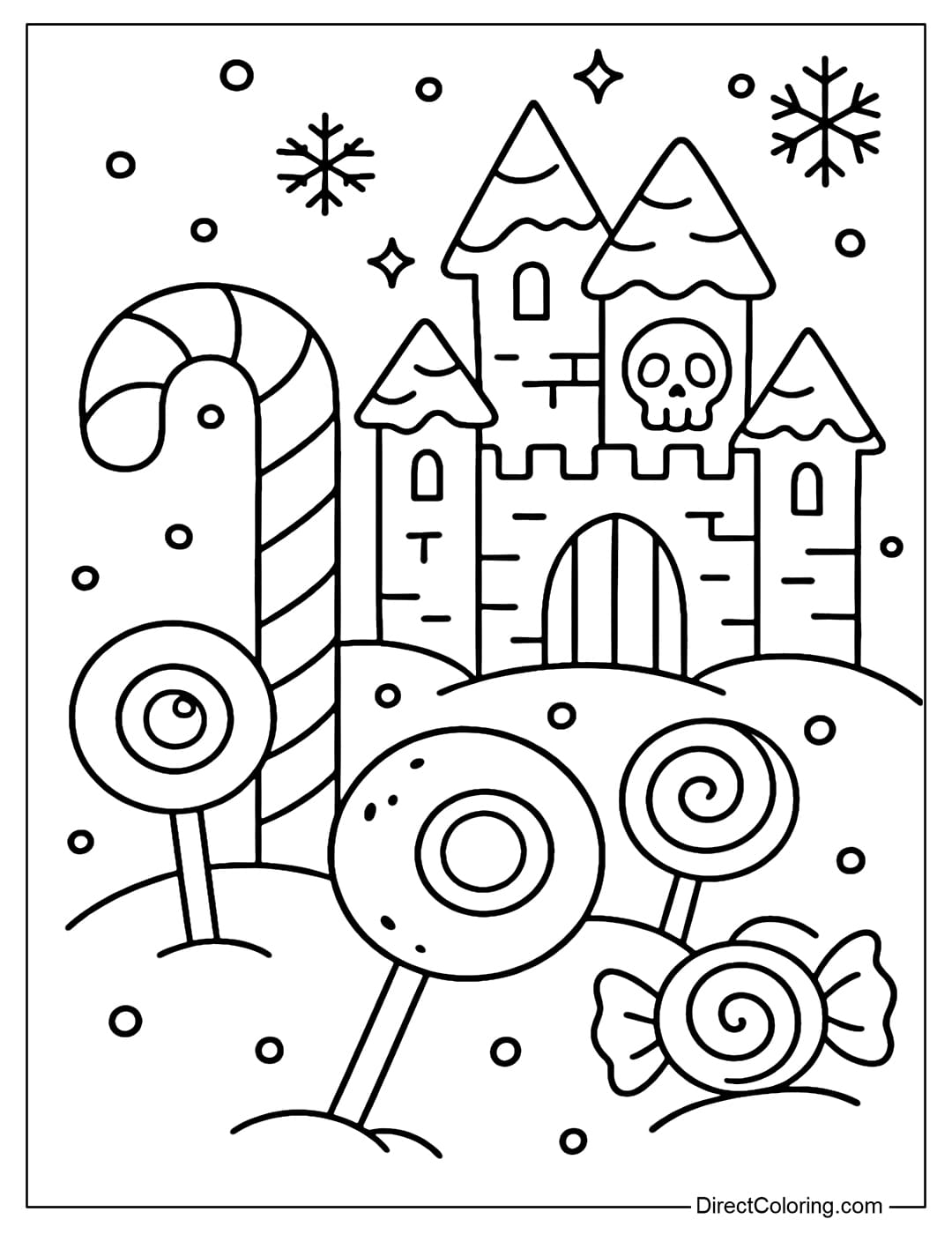 Coloring page of a haunted candy world with striped canes, candy ball eyes, a chocolate haunted castle with skulls and sparkling snow stars.