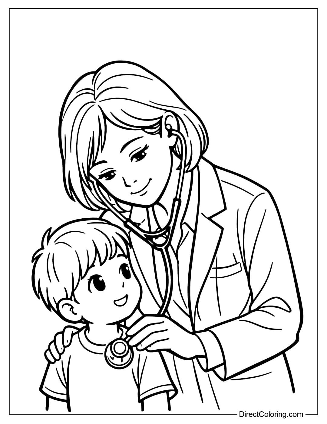 A coloring page of a doctor bending down slightly to examine a baby, holding a stethoscope in one hand and resting the other gently near the child's shoulder, with a gentle expression.