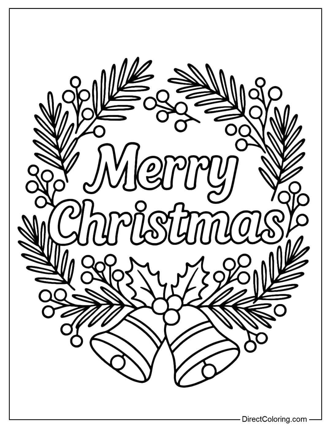 Merry Christmas Wreath Coloring Page A wreath coloring page with the words