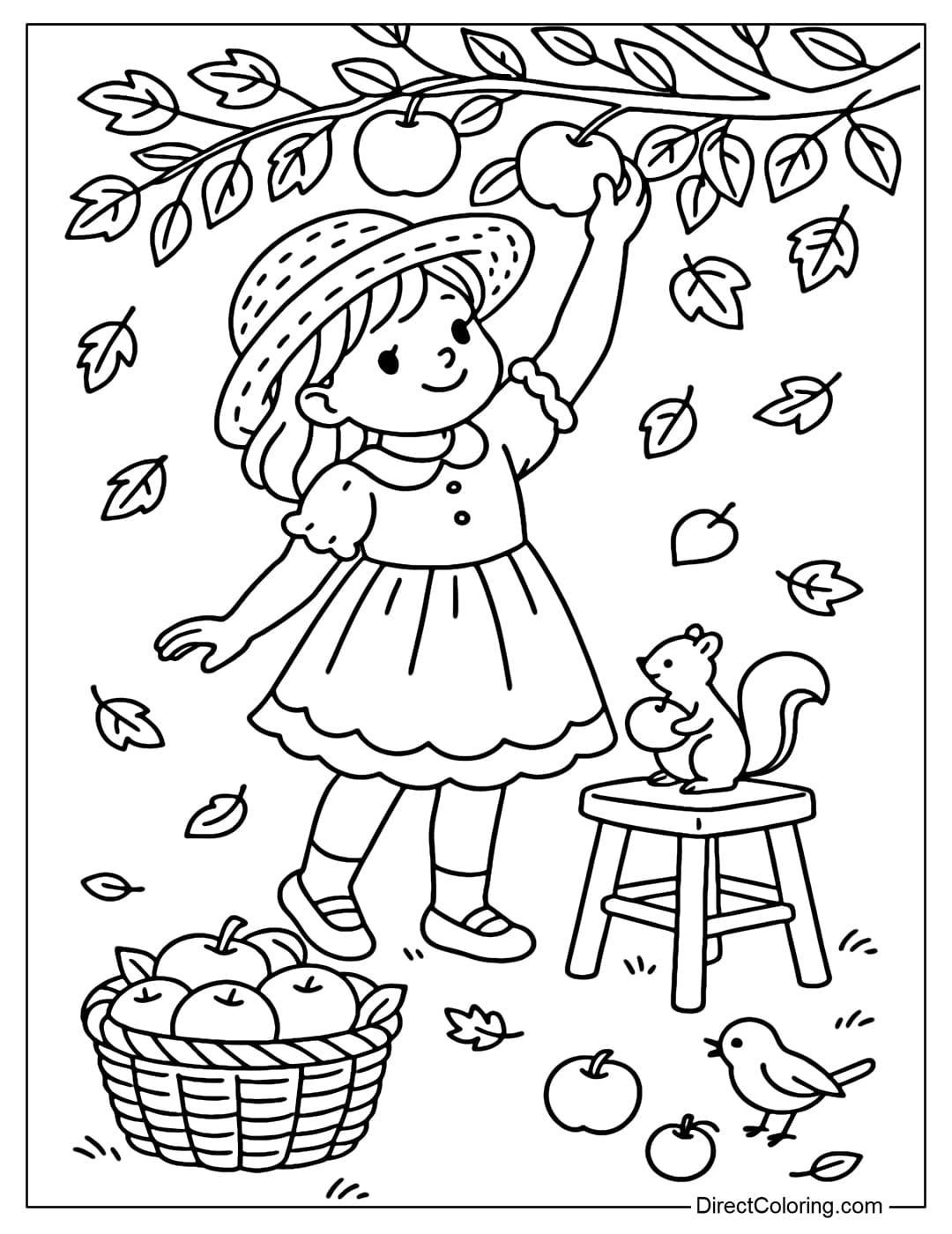 A cute little girl wearing a straw hat and a pretty autumn dress is picking ripe red apples from a tree branch.