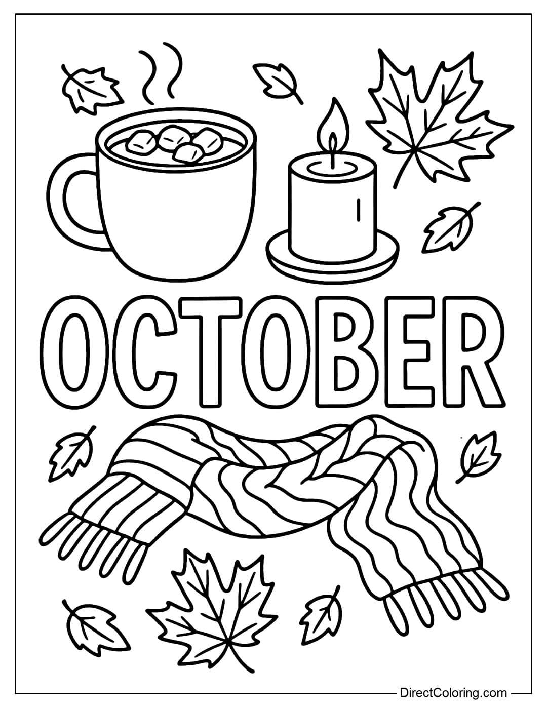 An October coloring page surrounded by hot cocoa, candles, woolen scarves and falling yellow leaves