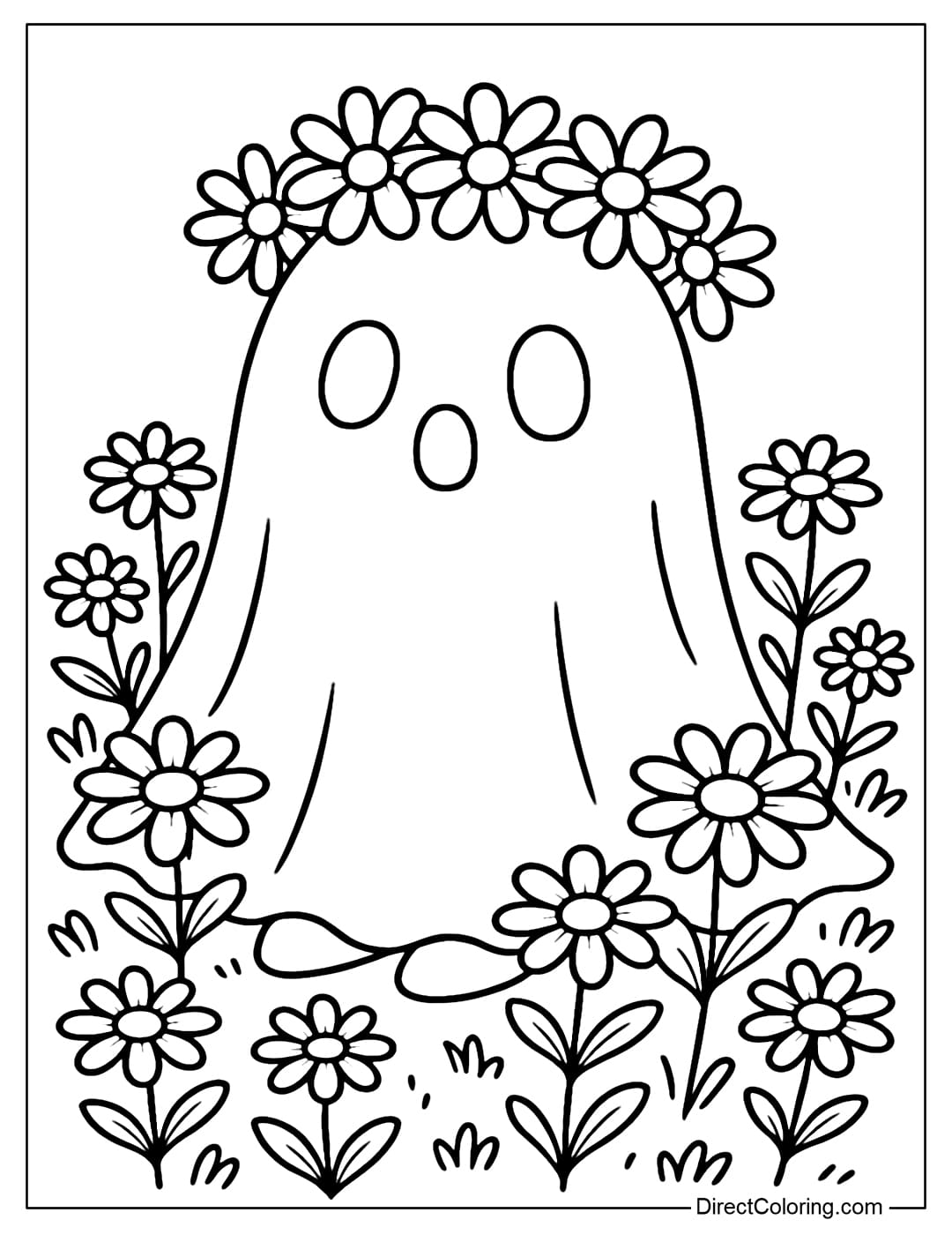 A ghost coloring page wearing a wildflower wreath, sitting in the middle of a daisy garden, both spooky and funny.