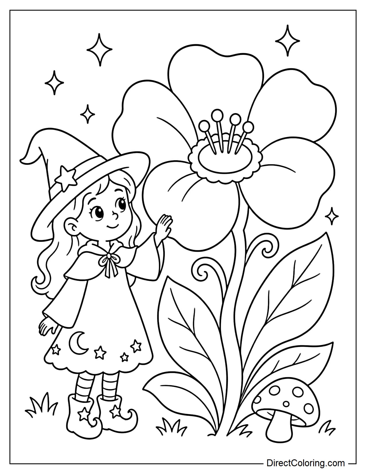 A young witch is standing beside a giant magical flower that has just bloomed, gently touching one of its large petals with her hand.