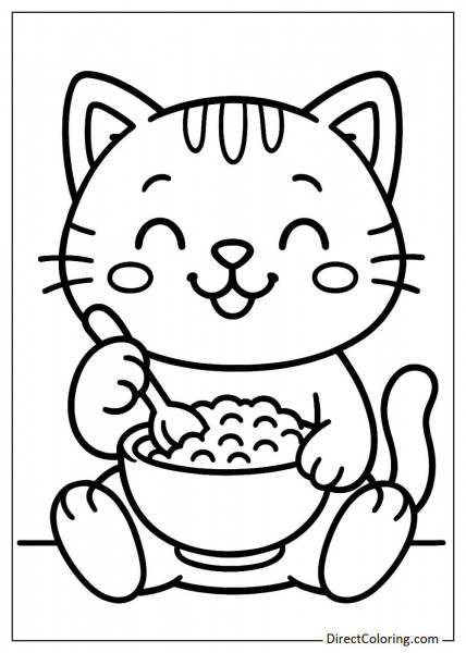 Cute cat eating breakfast coloring sheet