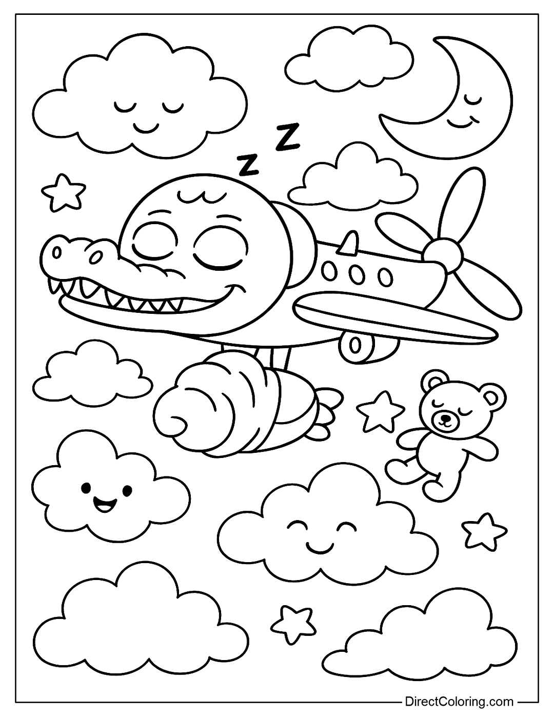 Bombardiro Crocodilo coloring page is dozing off as he flies through a dreamy sky full of pillows, stars and a smiling moon