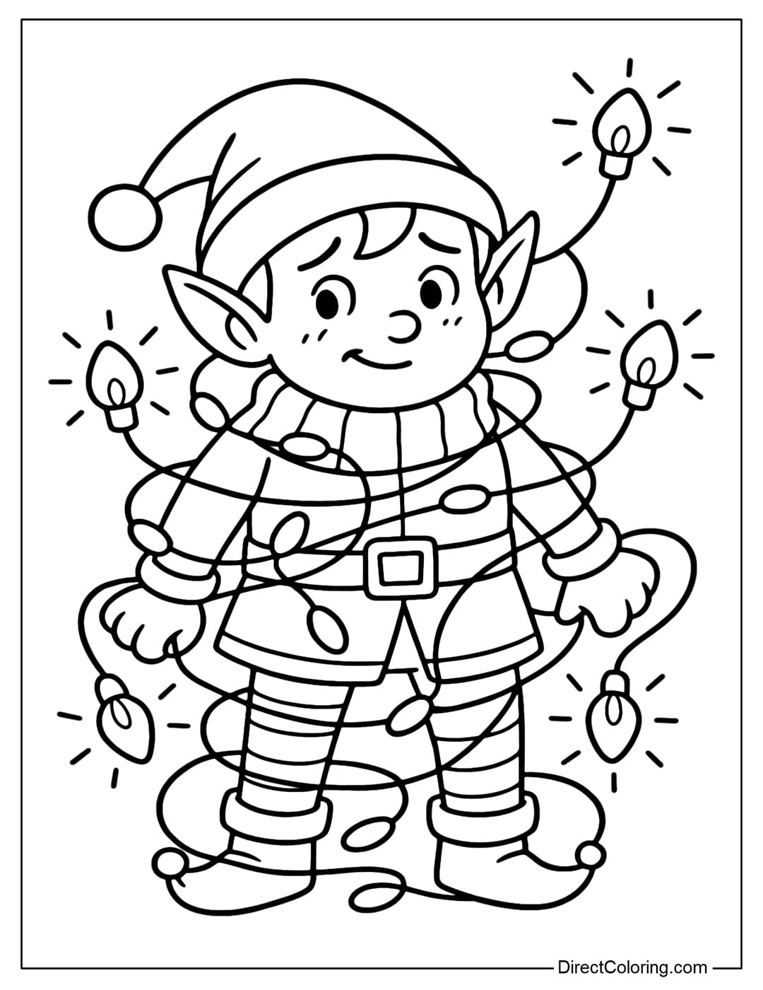 Elf coloring page tangled in Christmas lights, cute shy face.