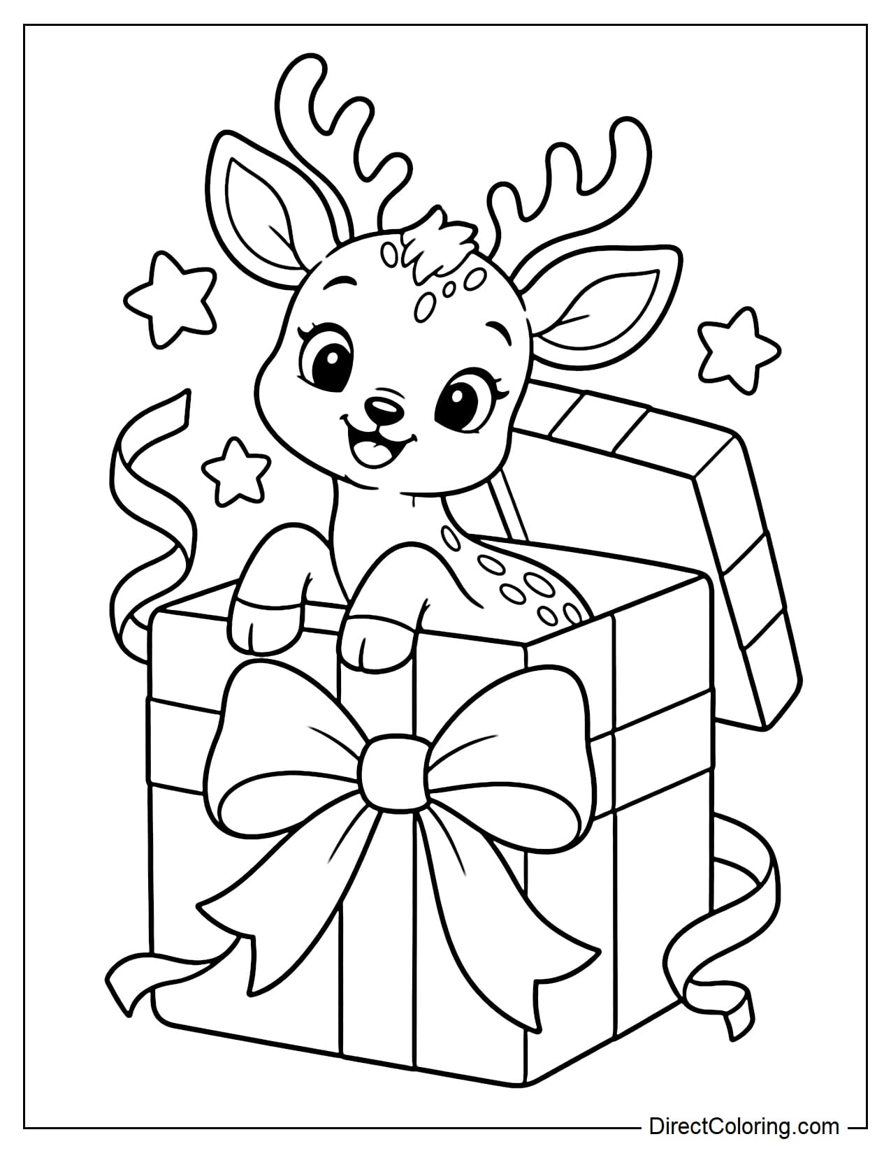 A cute deer peeking its head and two front legs out of a giant square gift box, with the lid tilted open behind it and a large bow on the front.