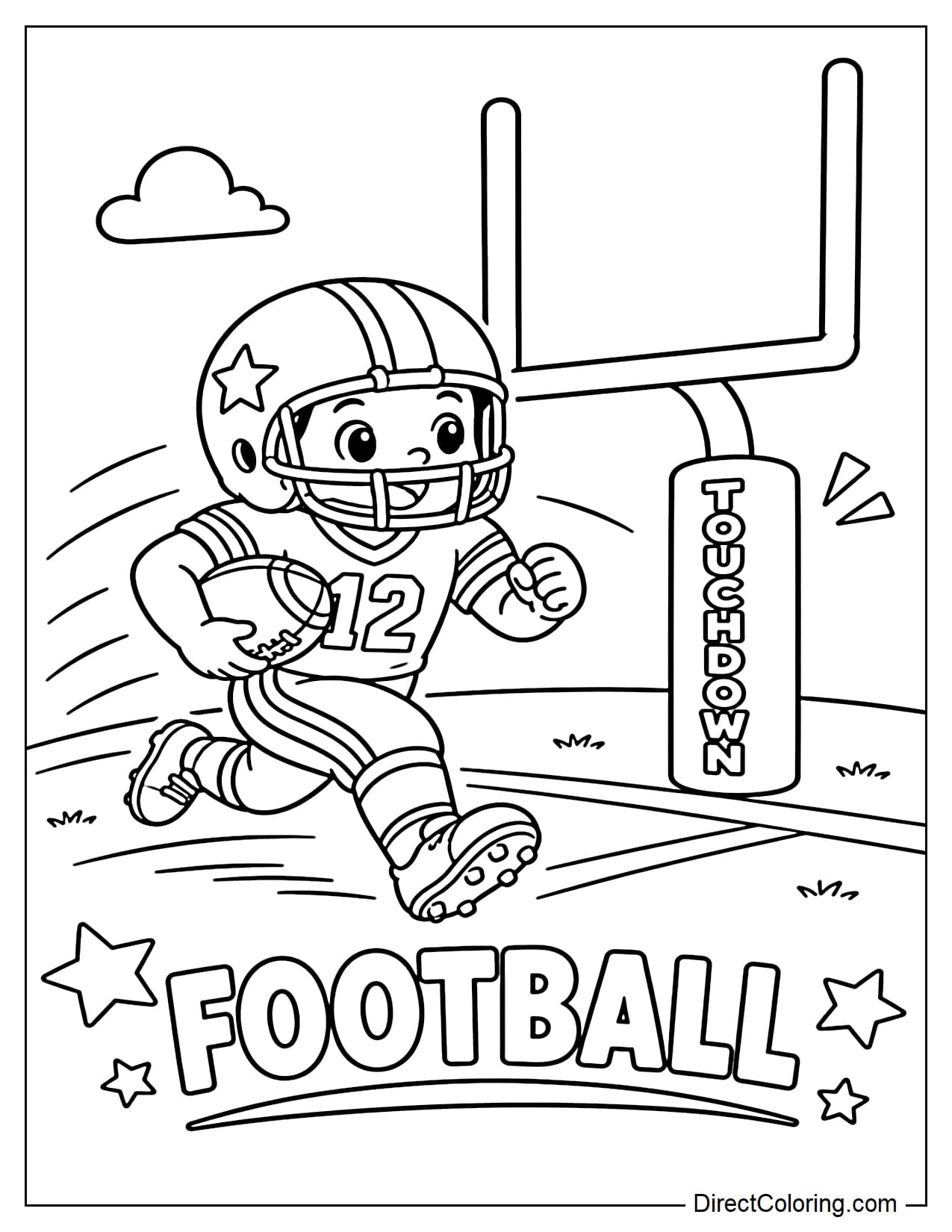 A football player sprints toward the end zone with the ball tucked securely against his side, with the goalposts visible ahead.