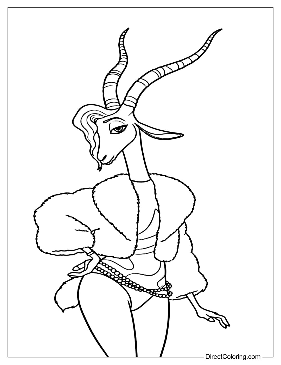 Coloring page of Gazelle with a graceful demeanor, elegant posture, luxurious fashion outfit, and confident expression.