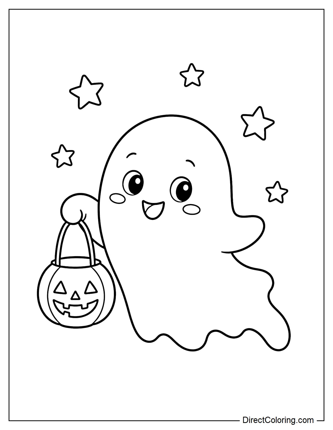 A cute ghost flying while holding a small jack-o'-lantern in one hand.