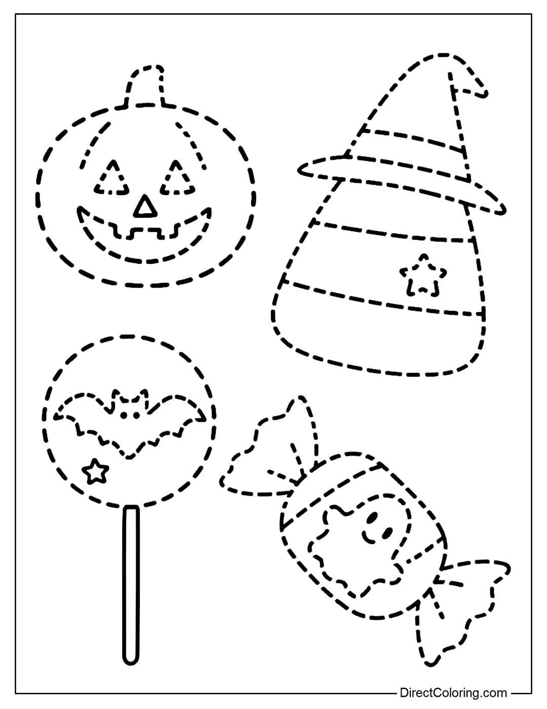 A Halloween candy tracing coloring page, round twisted candies with two small twisted ends, long twisted candies with two ends, round lollipops, and candy corn.