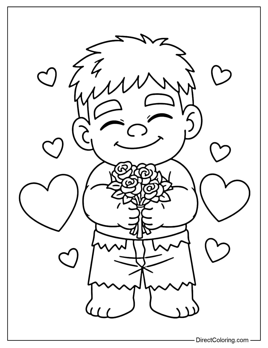 Adorable chibi Hulk coloring pages featuring a smiling Hulk holding a small bouquet of flowers and standing amidst hearts.