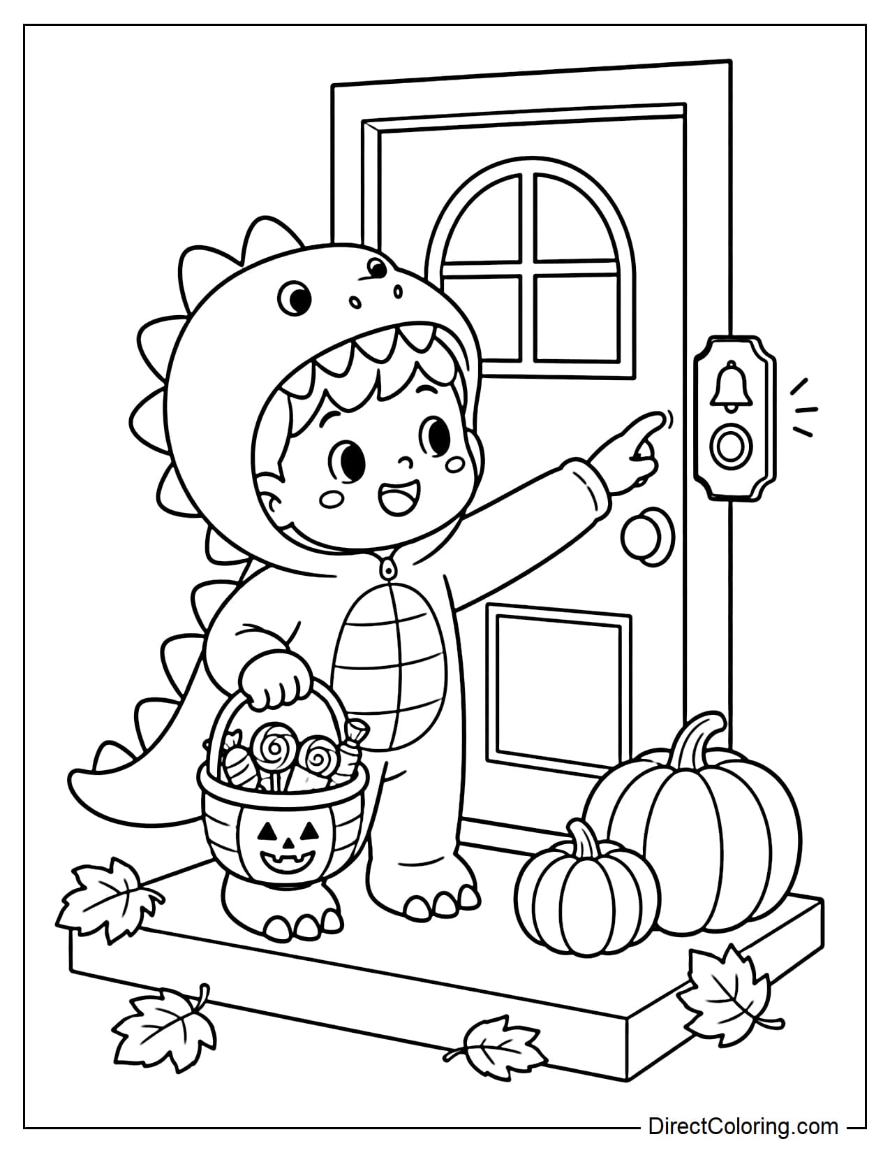 A child in a cute dinosaur costume stands on a front porch, reaching out to ring the doorbell while holding a small candy bucket in the other hand, with two pumpkins beside the door.