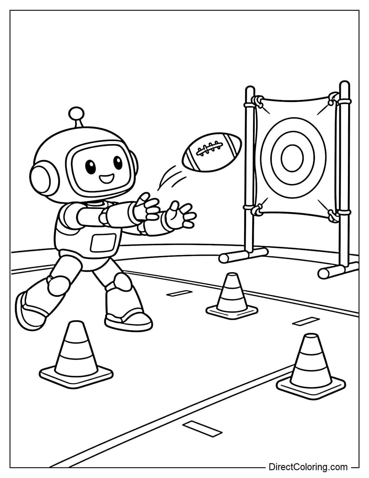 A friendly robot practices throwing footballs at a target, with training cones and simple field markings arranged around the practice area.