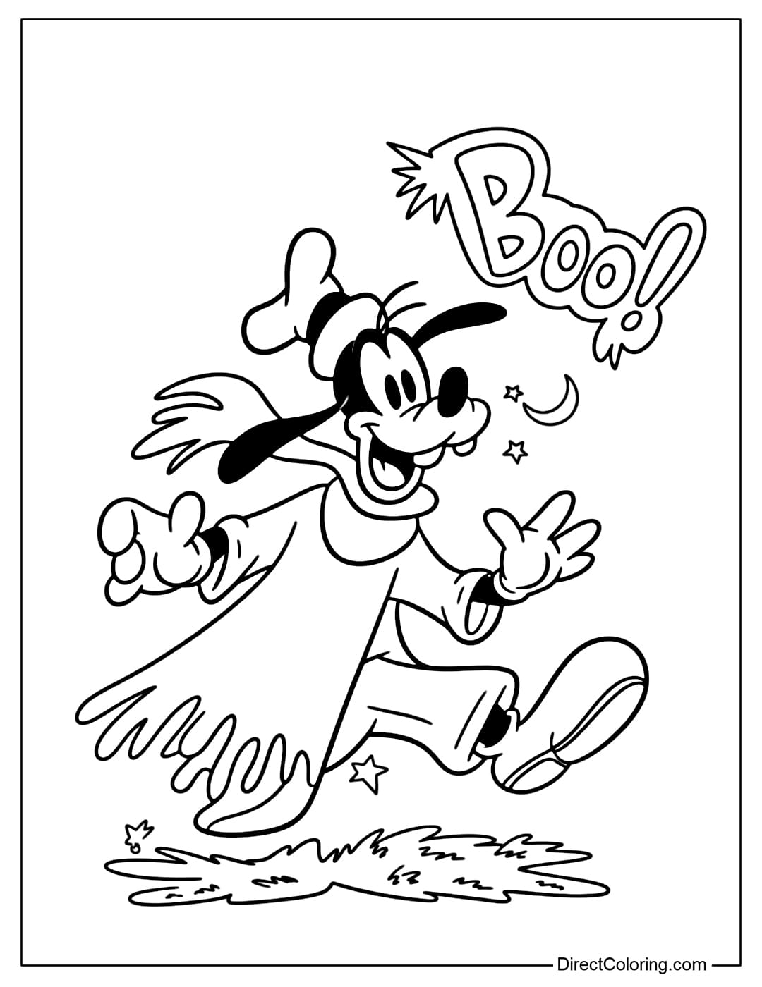 Goofy coloring page covered in a white scarf like a ghost, but tripped because it was too long.