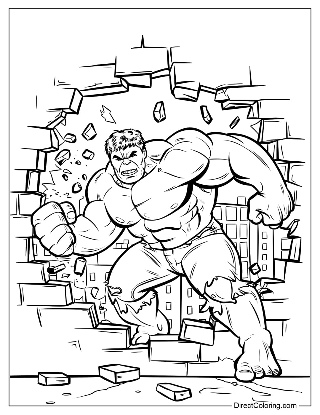 A coloring page of Hulk breaking through a large wall and emerging with great strength.