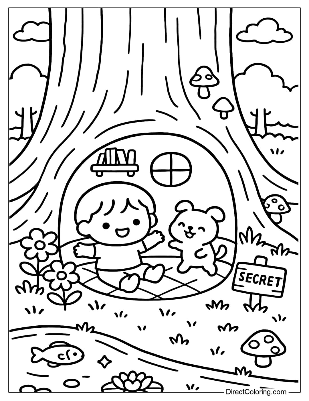 Coloring page of a small cellar in a big tree, baby and pet playing together.