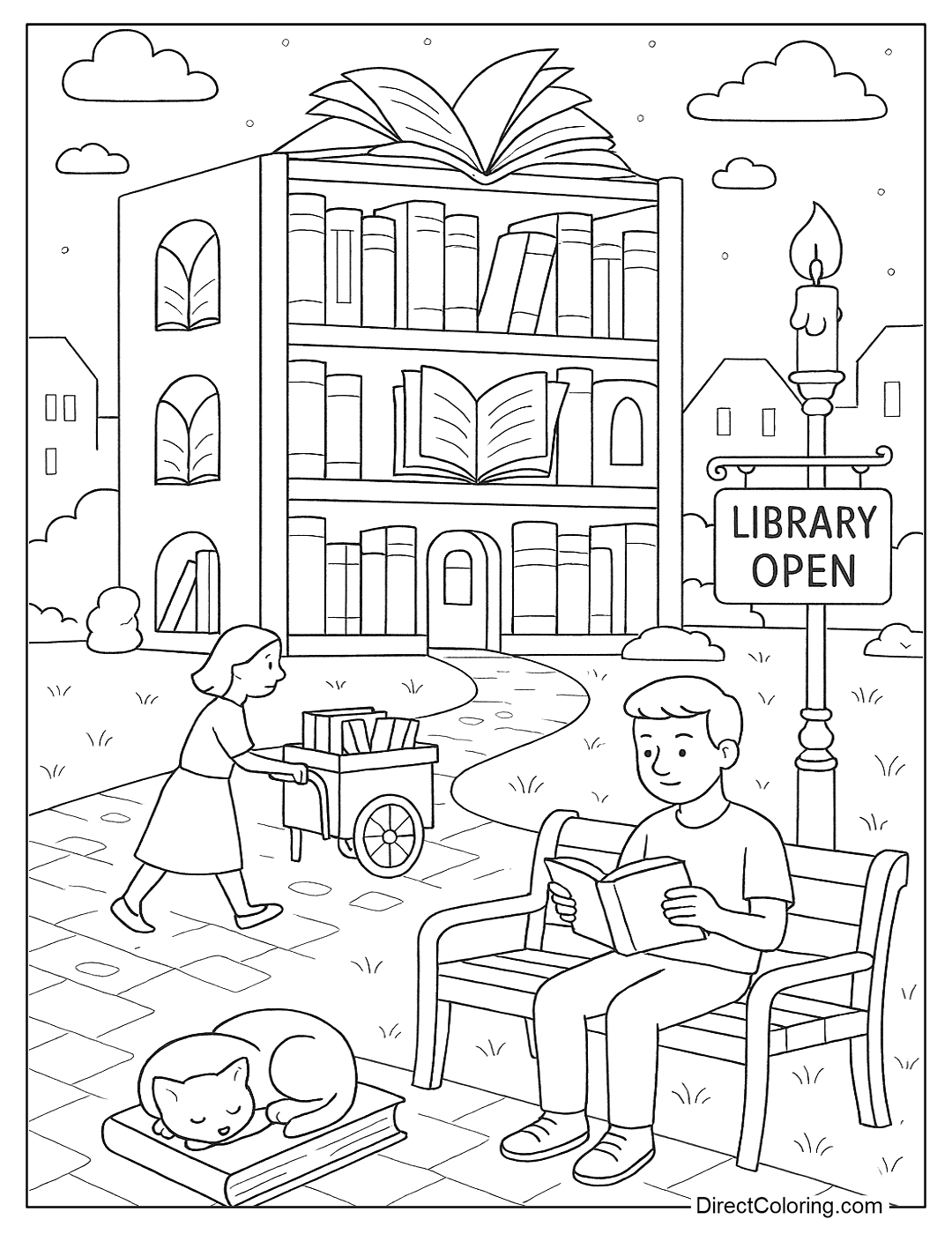 A city with a giant bookshelf building, open book-shaped windows coloring sheet