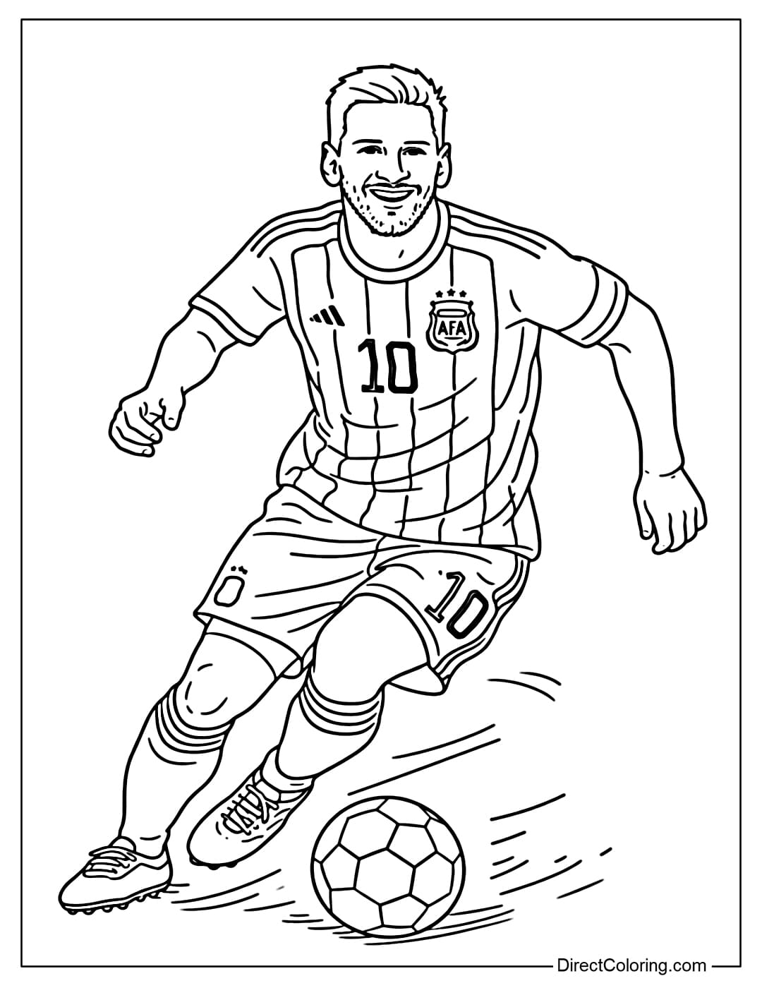 Coloring page of Lionel Messi dribbling the ball close to his feet, his body slightly tilted, a smooth movement.
