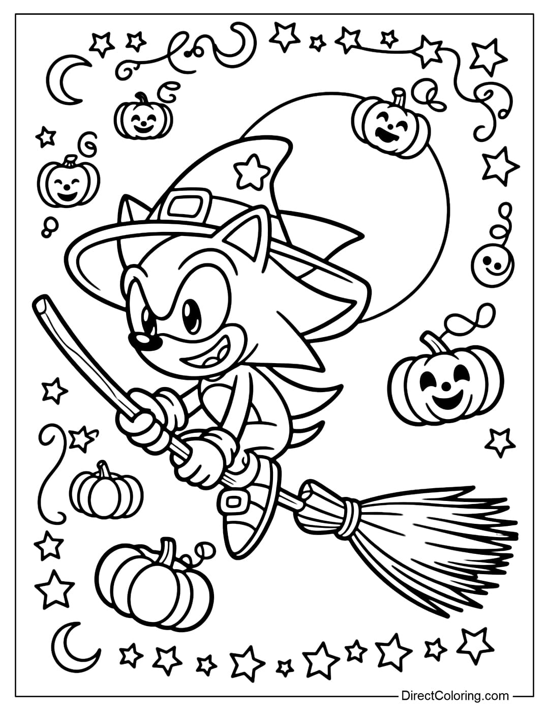 Coloring page of Sonic wearing a witch hat, sitting on a broomstick with flying pumpkins.