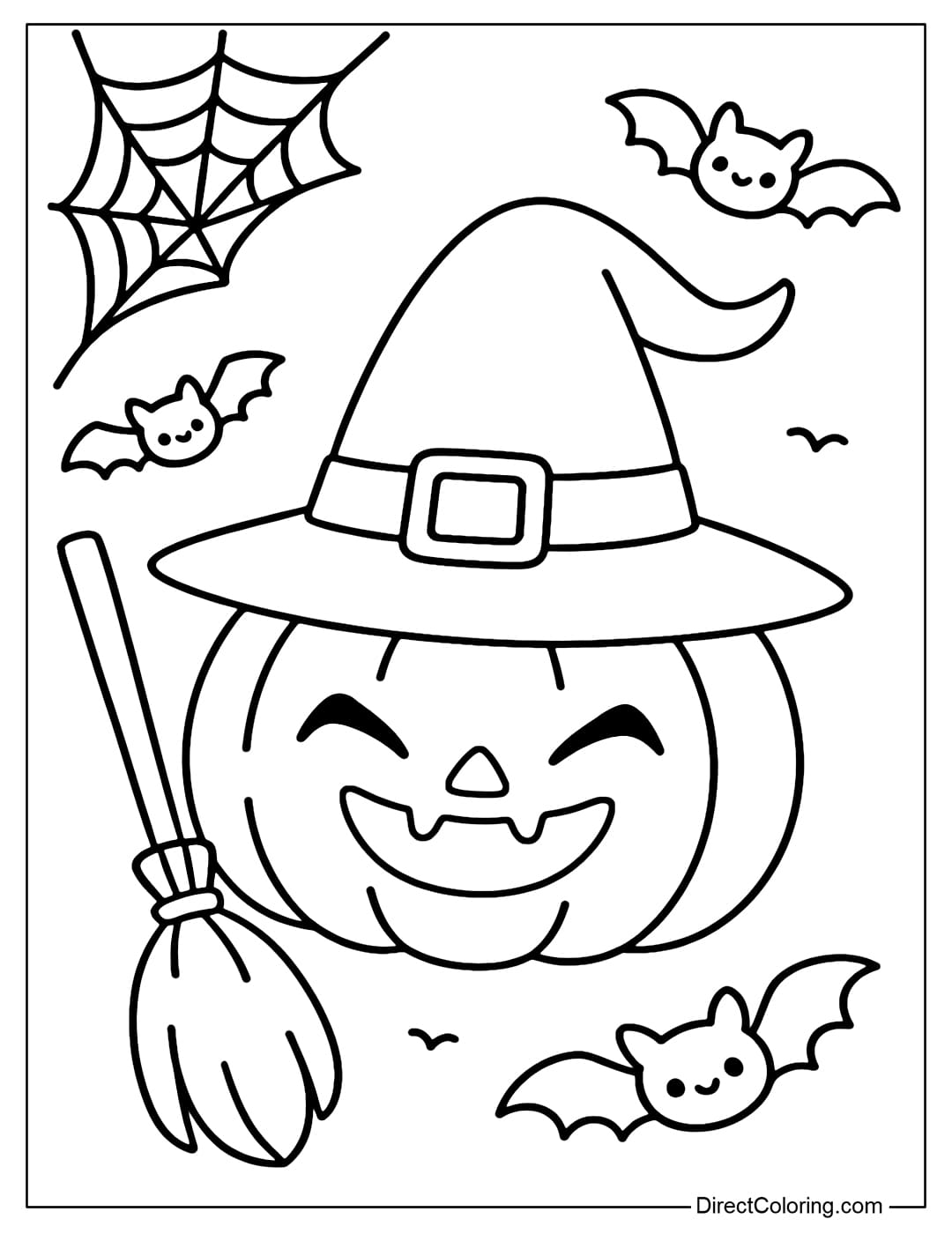 A pumpkin lantern coloring page with a curved witch hat, a sly face, surrounded by broomsticks, spider webs and small bats.