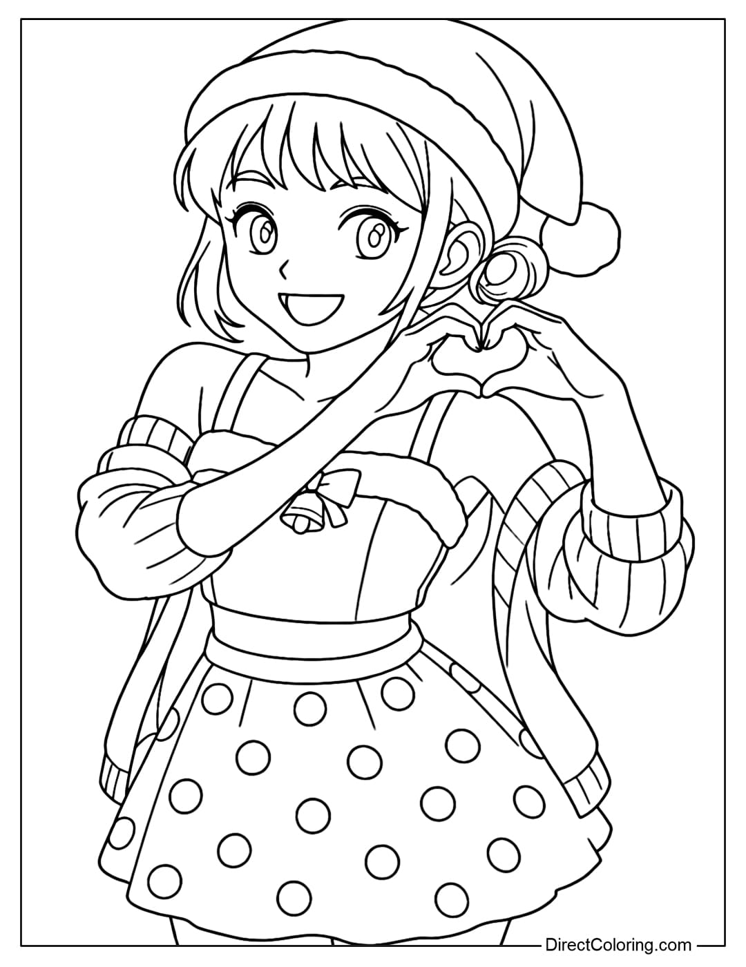 Zoey coloring page wearing a Santa hat, smiling brightly and making a heart shape with both hands, wearing a cute polka dot dress and a warm coat.