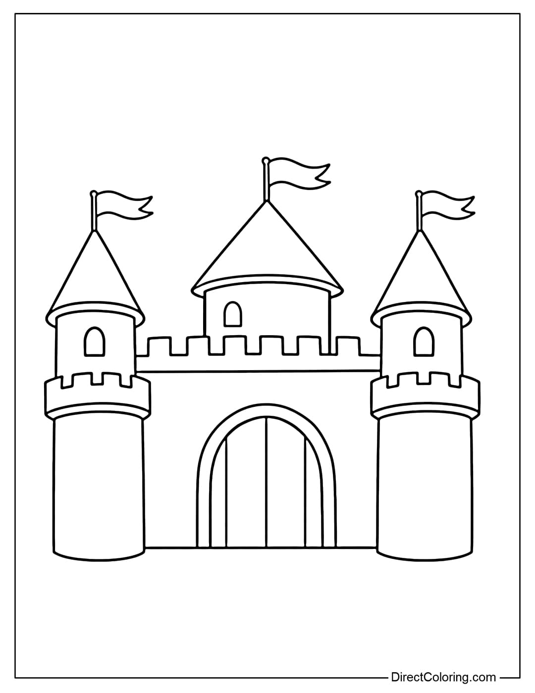 Coloring pages of an extremely simple mini castle with two round towers and a large gate, topped with a small flag.