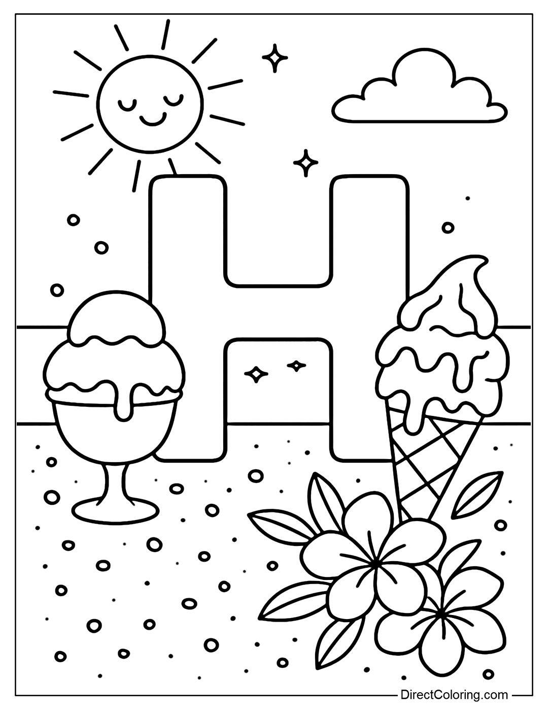 The letter H coloring page is surrounded by melting ice cream cups and cones, and scattered small candies. Next to the text is a shining sun, some tropical flowers and a sparkling blue sea background.