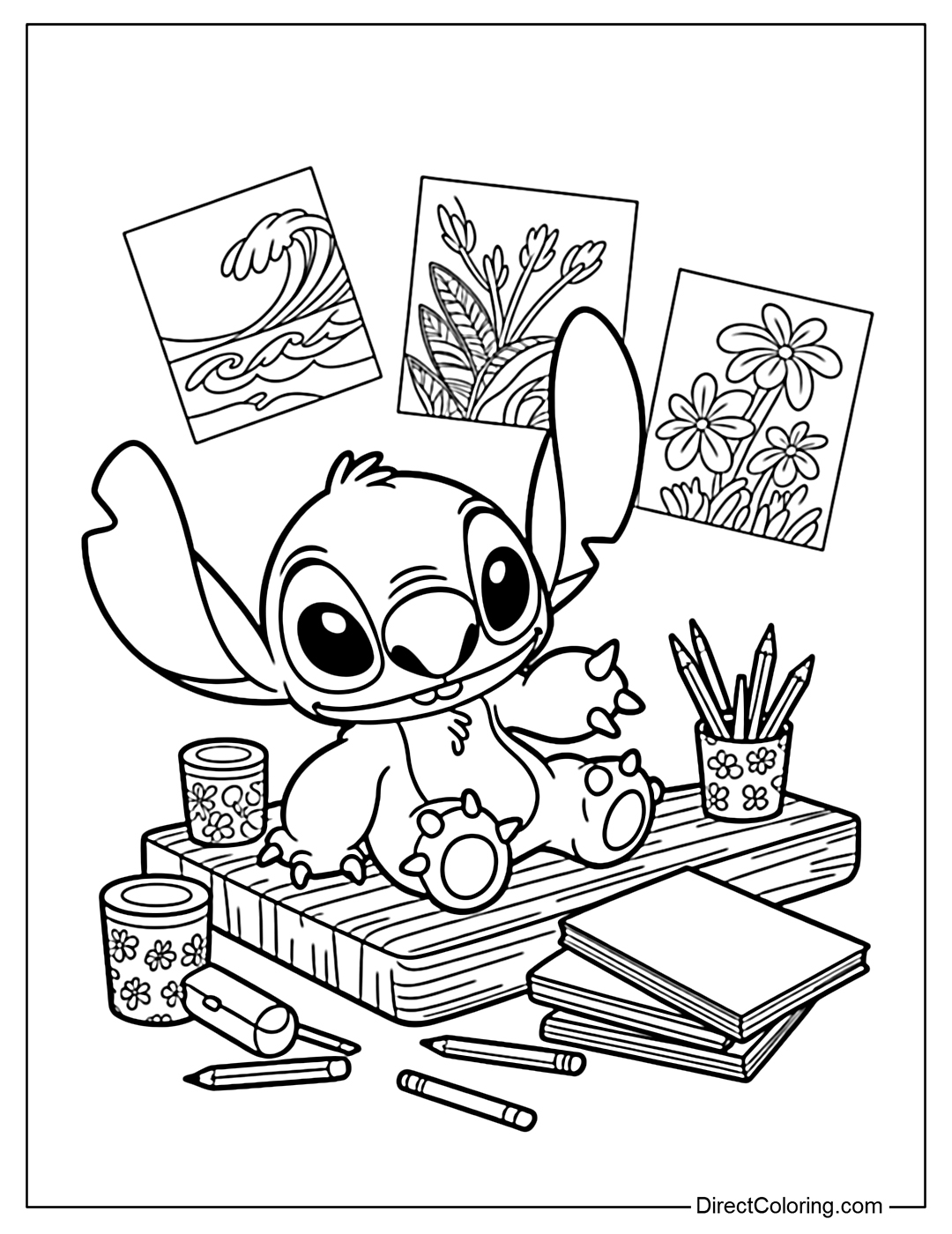 Stitch Coloring Page is sitting on a wooden board to color, surrounded by boxes of pencils, drawing paper and sketches.