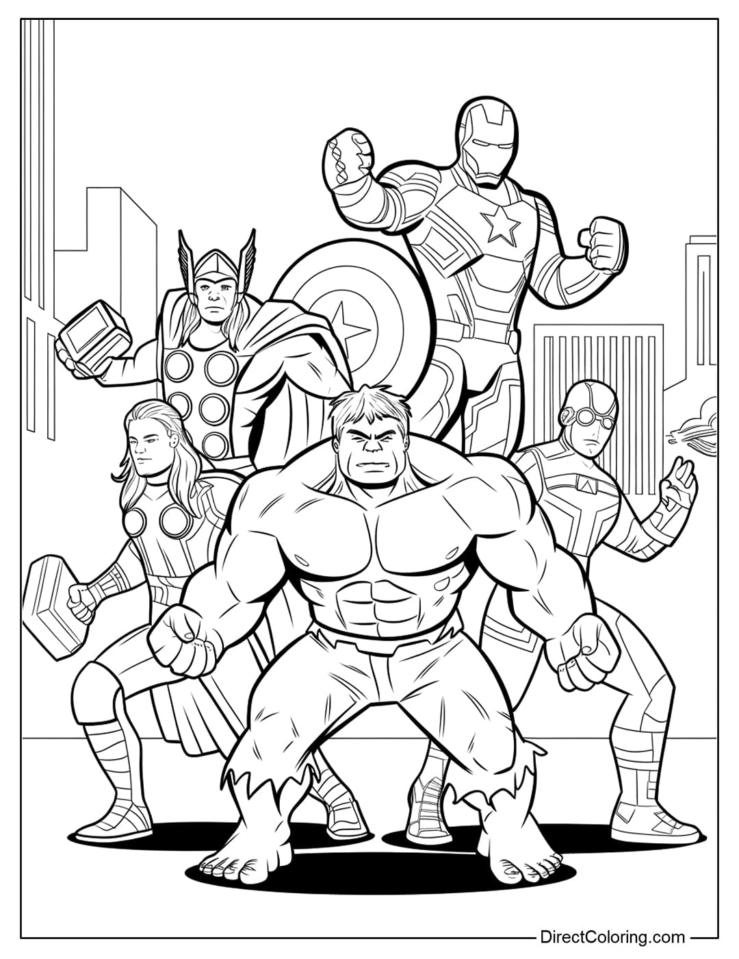 A coloring page of Hulk standing in a powerful pose, with his superhero teammates behind him in a cityscape.