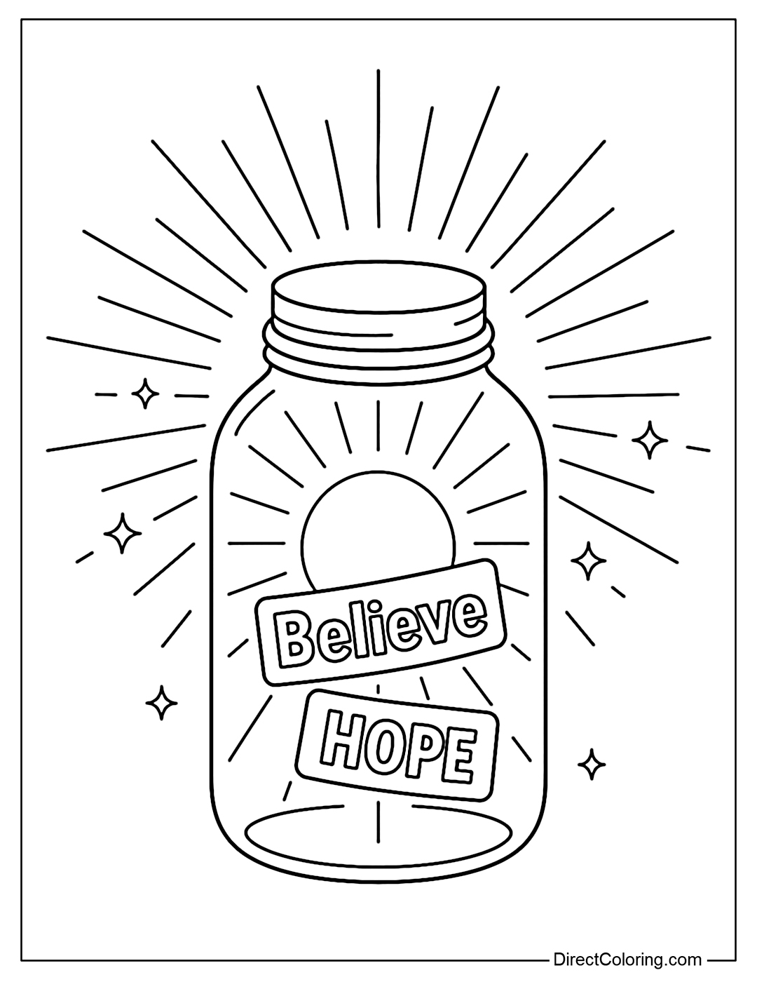 Coloring page of a glass bottle containing light, with stickers Believe, Hope attached to the outside.