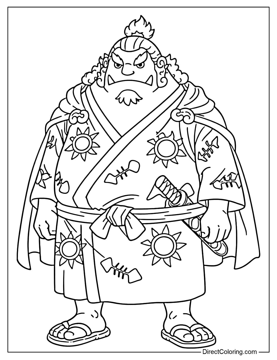 Knight of the Sea Jinbe, with his large physique, stands in a solemn pose, wearing his signature kimono with sun and fishbone patterns, an obi belt, geta sandals, and a cloak.