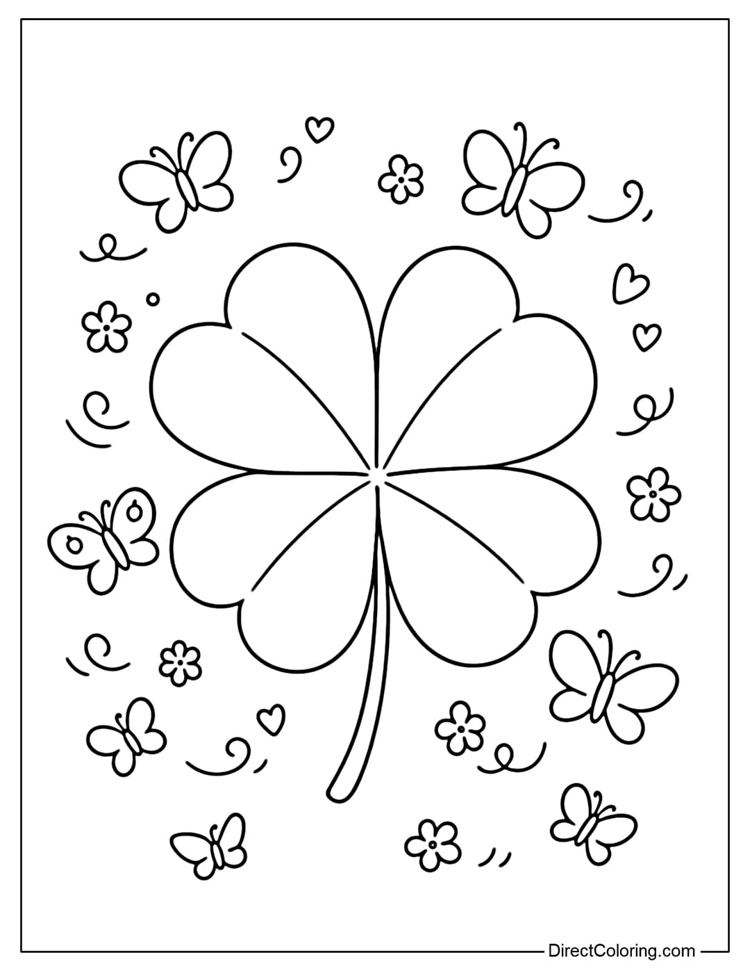 Coloring page of a shamrock surrounded by gently fluttering butterflies.
