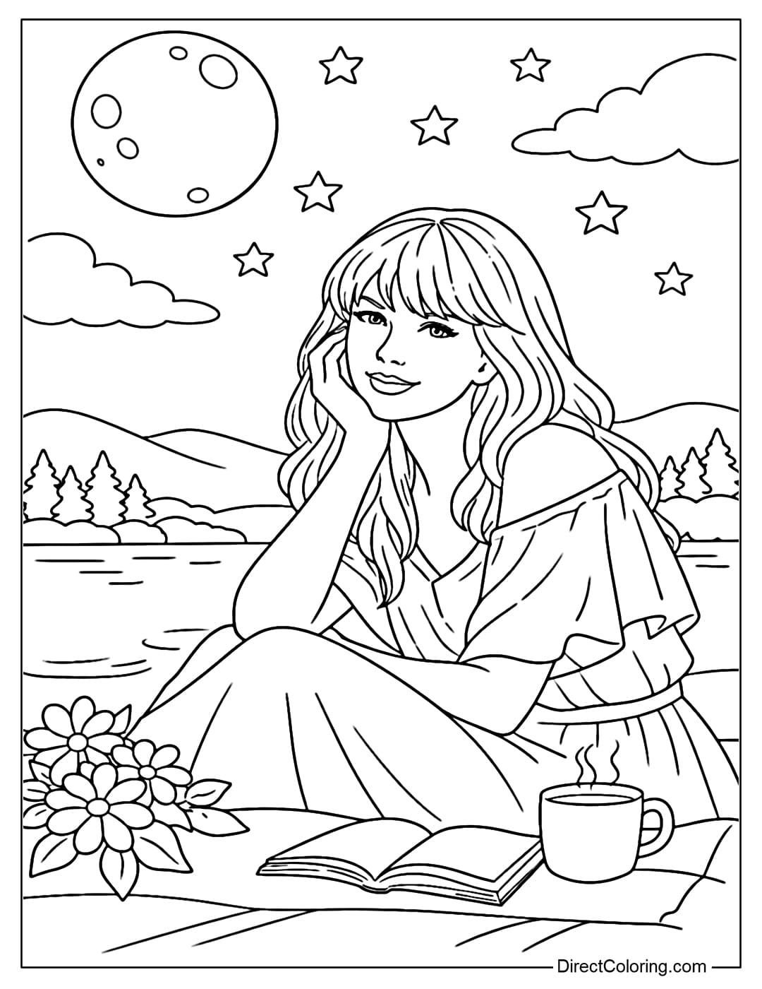 Coloring page of Taylor Swift in a night scene with a simple moon and stars.