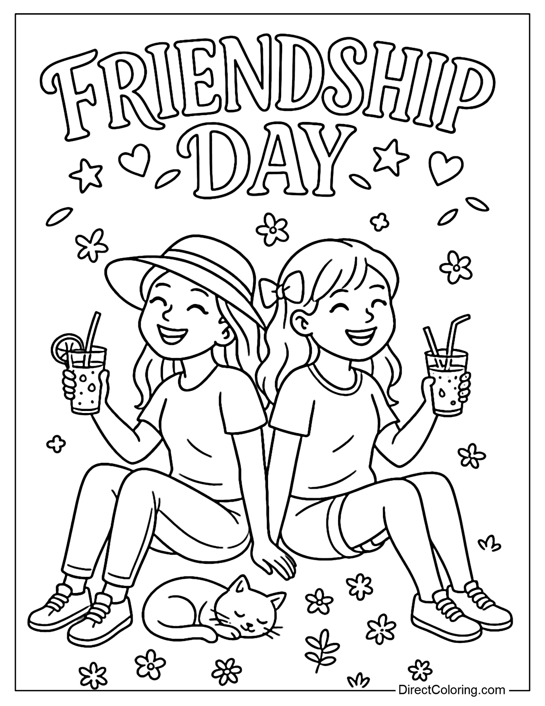 A stylized Friendship Day coloring page, below are two teenage girls sitting back to back, smiling, holding a glass of water.