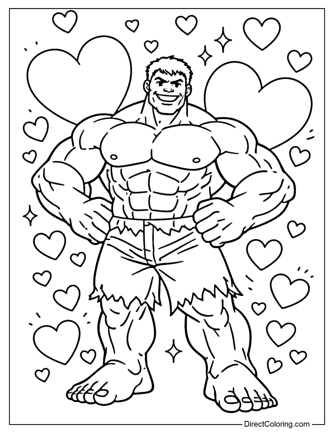 A coloring page of Hulk standing in the middle of a background with many large and small hearts, creating a romantic and striking feeling.